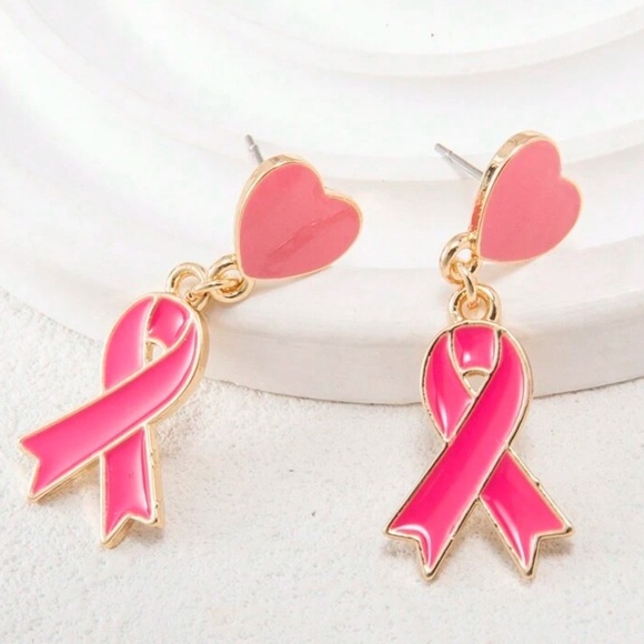 Pink Heart and  Ribbon Cancer Awareness Earrings - Picture 2 of 2